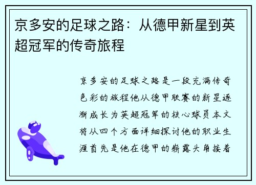 京多安的足球之路：从德甲新星到英超冠军的传奇旅程
